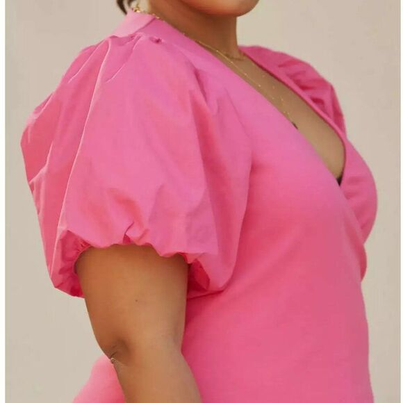 Anthropologie Maeve Barbie Pink Puff Puffy Sleeves Wrap Style Top Size 3X - Picture 2 of 7